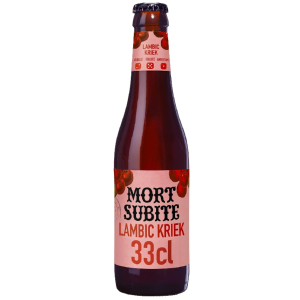 Bouteille de bière Mort Subite Kriek avec étiquette visible